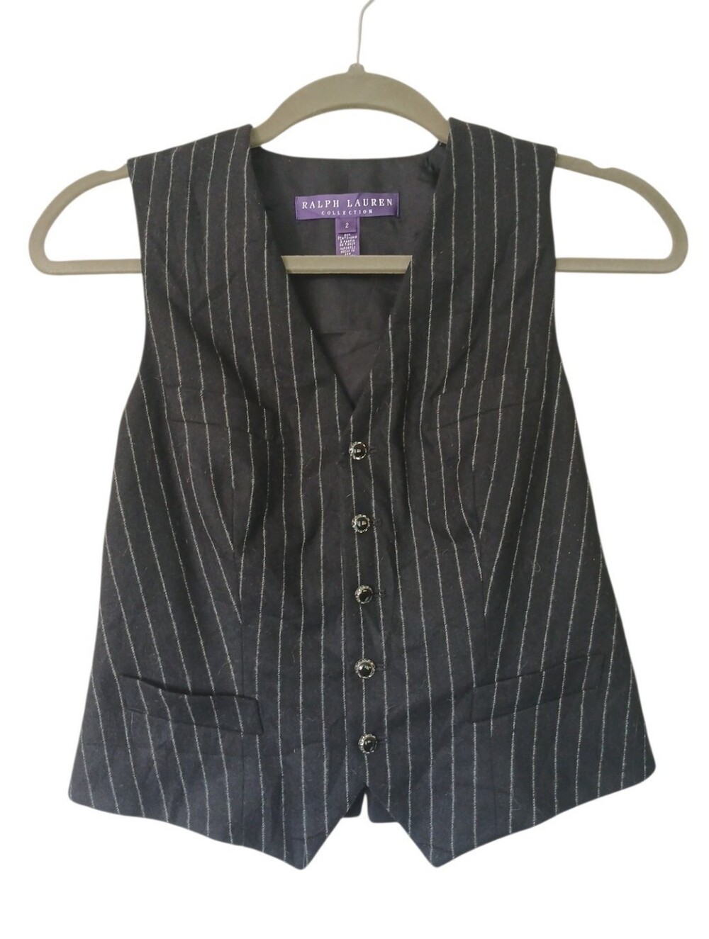 Ralph Lauren Purple Label Black Pinstripe Button Tuxedo Vest Vintage Y2K Size 2